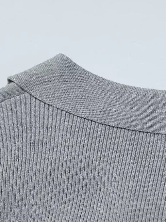 Date Night Dresses Mini Pleated Knitted Long Sleeves V-Neck Sweet Gray Dress