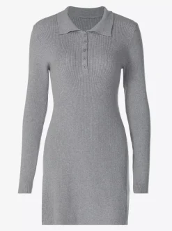 Date Night Dresses Mini Pleated Knitted Long Sleeves V-Neck Sweet Gray Dress