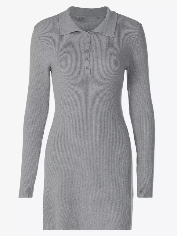 Date Night Dresses Mini Pleated Knitted Long Sleeves V-Neck Sweet Gray Dress