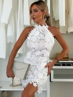 Date Night Dresses Mini Sleeveless Jewel Neck Chic White Halter Floral Lace Dress