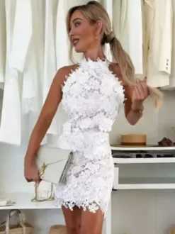 Date Night Dresses Mini Sleeveless Jewel Neck Chic White Halter Floral Lace Dress