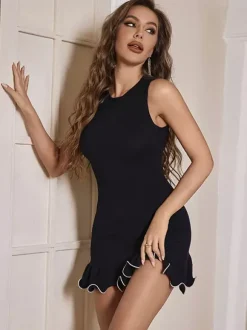 Date Night Dresses Mini Sleeveless Jewel Neck Sexy Black Dress