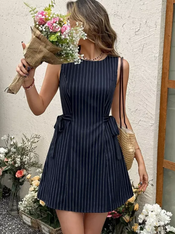 Date Night Dresses Navy Vertical Striped Waist Bow Summer Casual Mini Dress