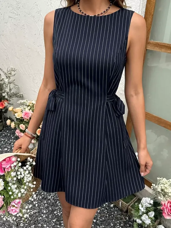 Date Night Dresses Navy Vertical Striped Waist Bow Summer Casual Mini Dress