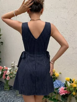 Date Night Dresses Navy Vertical Striped Waist Bow Summer Casual Mini Dress