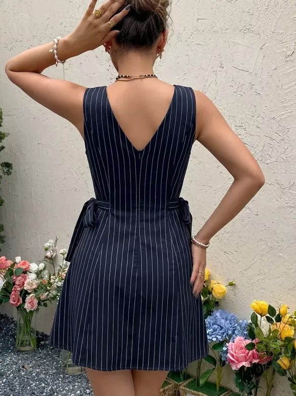 Date Night Dresses Navy Vertical Striped Waist Bow Summer Casual Mini Dress