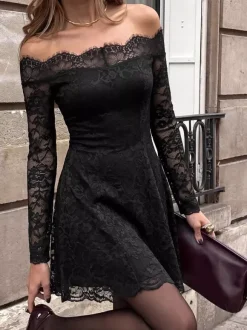Date Night Dresses Sexy Off The Shoulder Lace Mini Dress Long Sleeve Sheer Floral Mesh A Line Flowy Club Dress