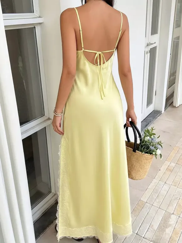 Date Night Dresses Slim Bodycon Yellow Silk Satin Cami Sheer Lace Long Dress