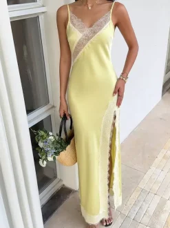 Date Night Dresses Slim Bodycon Yellow Silk Satin Cami Sheer Lace Long Dress