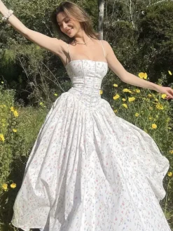 Date Night Dresses Spaghetti Strap Ditsy Floral Corset Maxi Dress Bustier A-Line Floor Length Gown