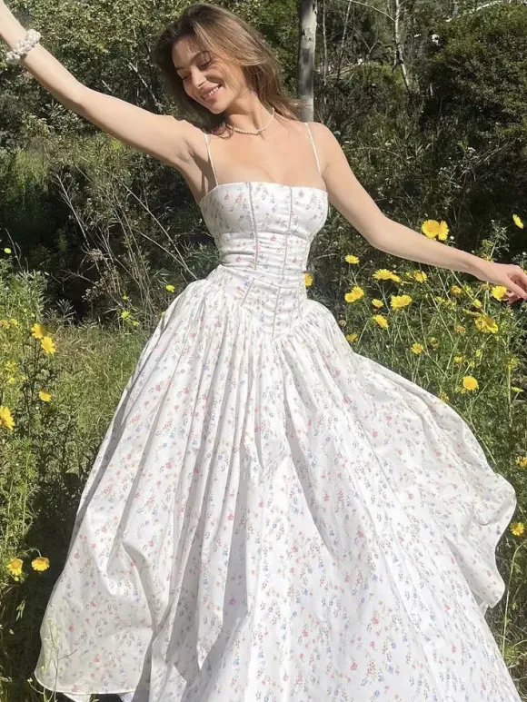 Date Night Dresses Spaghetti Strap Ditsy Floral Corset Maxi Dress Bustier A-Line Floor Length Gown