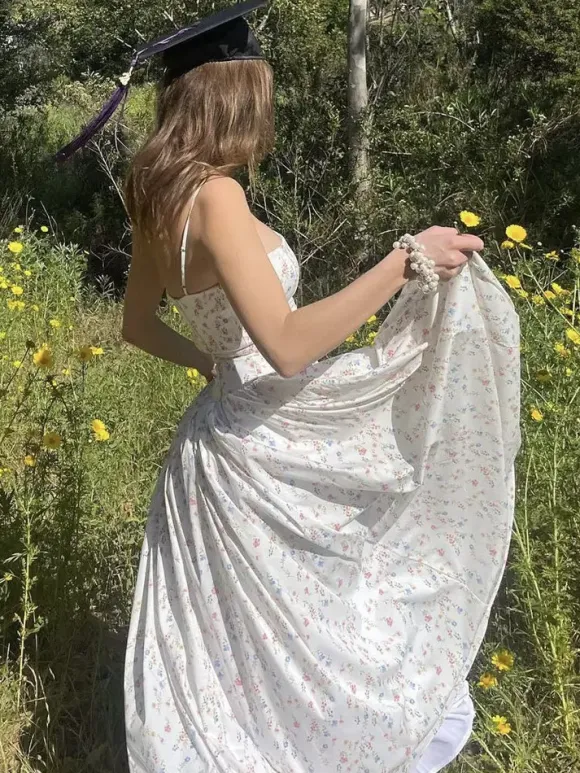 Date Night Dresses Spaghetti Strap Ditsy Floral Corset Maxi Dress Bustier A-Line Floor Length Gown
