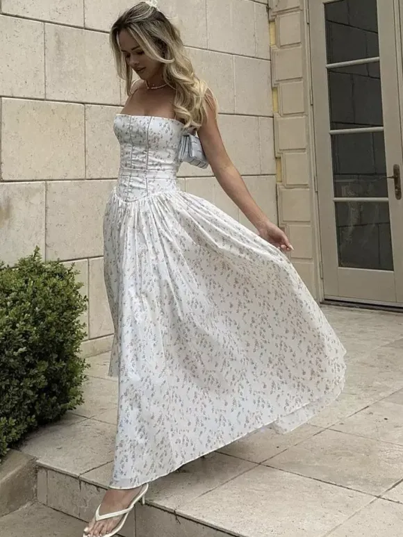 Date Night Dresses Spaghetti Strap Ditsy Floral Corset Maxi Dress Bustier A-Line Floor Length Gown