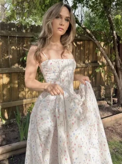 Date Night Dresses Spaghetti Strap Ditsy Floral Corset Maxi Dress Bustier A-Line Floor Length Gown