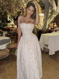 Date Night Dresses Spaghetti Strap Ditsy Floral Corset Maxi Dress Bustier A-Line Floor Length Gown