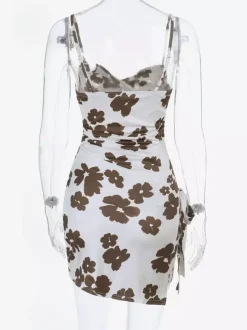 Date Night Dresses White Brown Floral Spaghetti Strap Twist Front Drawstring Side Bodycon Mini Dress