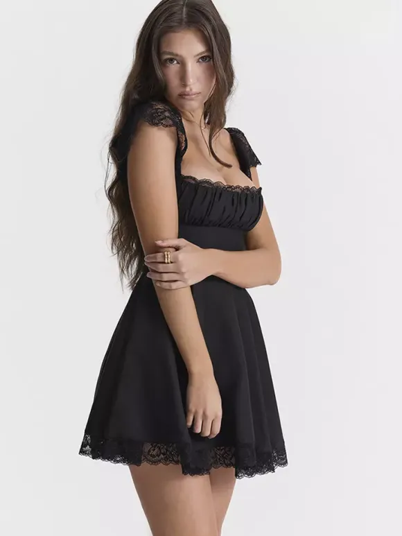 Date Night Dress Mini Lace Sleeveless Straps Neck Casual Black Summer Dress