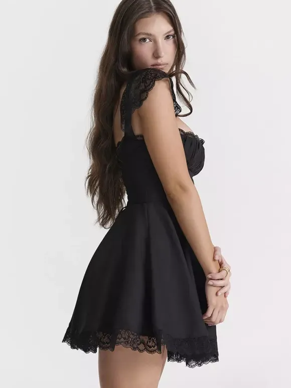 Date Night Dress Mini Lace Sleeveless Straps Neck Casual Black Summer Dress