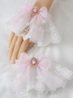 Deep Blue Lolita Bracelet Polyester Accessory Bow Jeweled Lace Bows Lolita Accessories