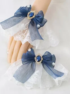 Deep Blue Lolita Bracelet Polyester Accessory Bow Jeweled Lace Bows Lolita Accessories