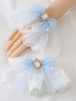 Deep Blue Lolita Bracelet Polyester Accessory Bow Jeweled Lace Bows Lolita Accessories