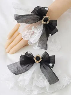 Deep Blue Lolita Bracelet Polyester Accessory Bow Jeweled Lace Bows Lolita Accessories