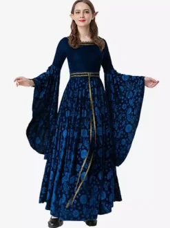 Deep Blue Retro Jacquard Set Dress Elegant Witch Costume Vintage Clothing