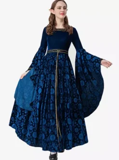 Deep Blue Retro Jacquard Set Dress Elegant Witch Costume Vintage Clothing