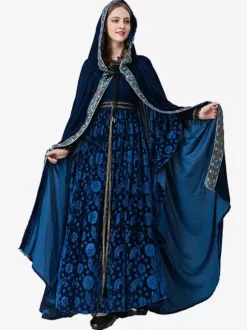 Deep Blue Retro Jacquard Set Dress Elegant Witch Costume Vintage Clothing