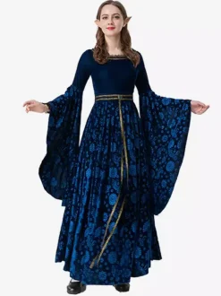 Deep Blue Retro Jacquard Set Dress Elegant Witch Costume Vintage Clothing