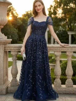 Deep Blue Sequin Maxi Prom Dress with Sweetheart Neckline and Off-shoulder For Summer 2026