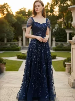 Deep Blue Sequin Maxi Prom Dress with Sweetheart Neckline and Off-shoulder For Summer 2026