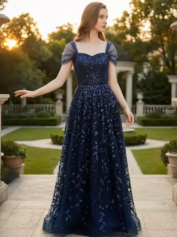 Deep Blue Sequin Maxi Prom Dress with Sweetheart Neckline and Off-shoulder For Summer 2026