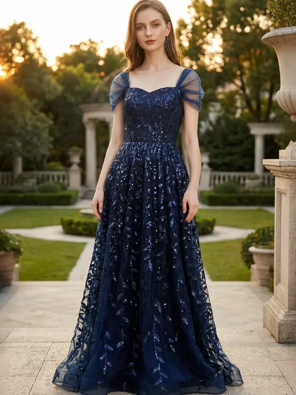 Deep Blue Sequin Maxi Prom Dress with Sweetheart Neckline and Off-shoulder For Summer 2026