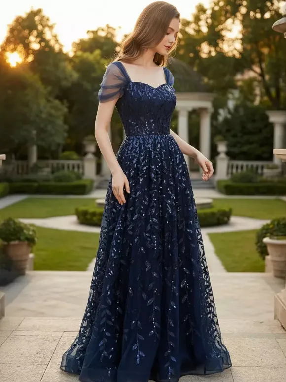 Deep Blue Sequin Maxi Prom Dress with Sweetheart Neckline and Off-shoulder For Summer 2026