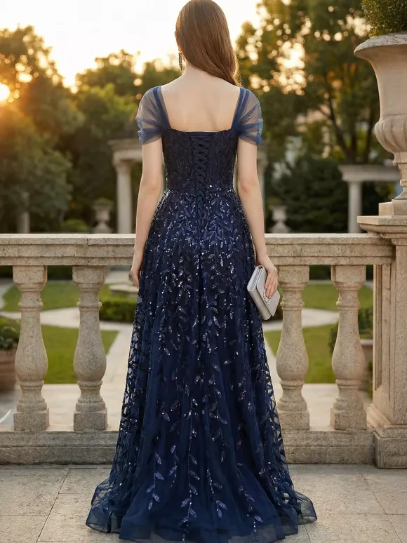 Deep Blue Sequin Maxi Prom Dress with Sweetheart Neckline and Off-shoulder For Summer 2026