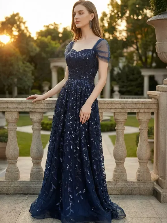 Deep Blue Sequin Maxi Prom Dress with Sweetheart Neckline and Off-shoulder For Summer 2026