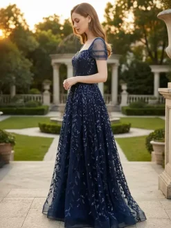 Deep Blue Sequin Maxi Prom Dress with Sweetheart Neckline and Off-shoulder For Summer 2026