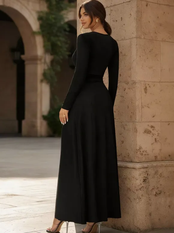 Deep V Neck Ruched Waist Slit Long Sleeve Maxi Dress For Women 2026