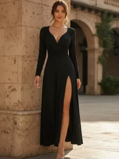 Deep V Neck Ruched Waist Slit Long Sleeve Maxi Dress For Women 2026