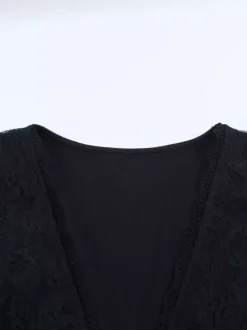Deep V Neck Women's Lace Trim Top - Black Sexy Slim Fit Blouse - Gothic Style Spring Clubwear 2026