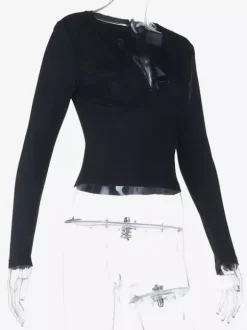 Deep V Neck Women's Lace Trim Top - Black Sexy Slim Fit Blouse - Gothic Style Spring Clubwear 2026
