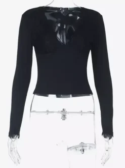 Deep V Neck Women's Lace Trim Top - Black Sexy Slim Fit Blouse - Gothic Style Spring Clubwear 2026