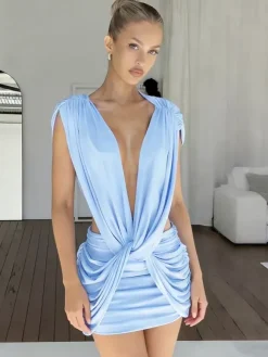 Deep V Twist Mini Dress For Women - Sexy Cutout Ruched Bodycon - Summer Club Night Party 2026