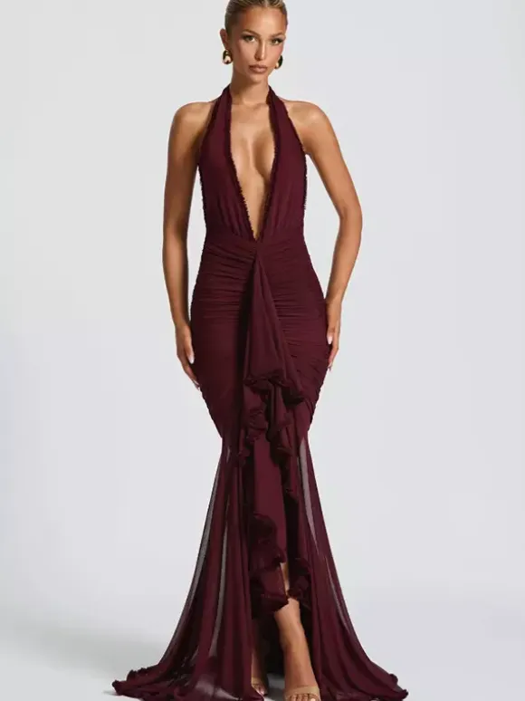 Deep V-Neck Halter Ruched Bodycon Maxi Party Dress For Women 2026