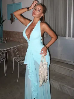 Deep V-Neck Halter Ruched Bodycon Maxi Party Dress For Women 2026