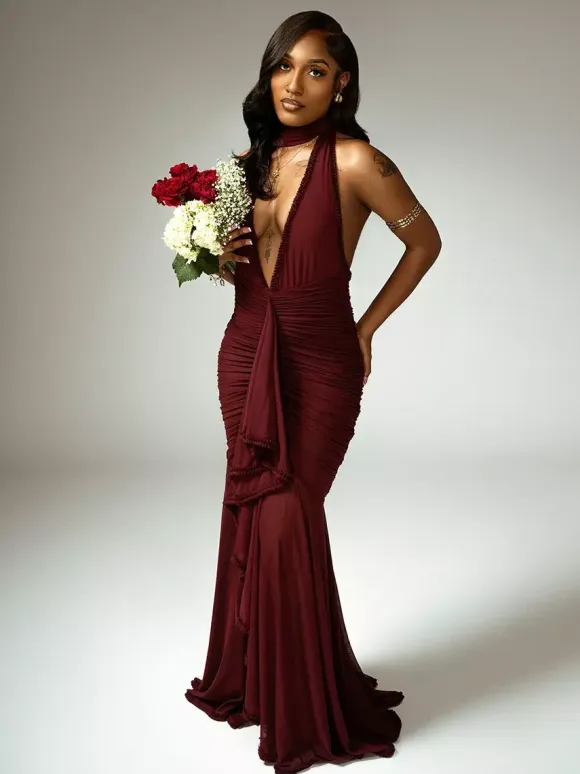 Deep V-Neck Halter Ruched Bodycon Maxi Party Dress For Women 2026
