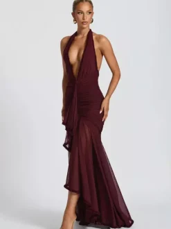 Deep V-Neck Halter Ruched Bodycon Maxi Party Dress For Women 2026
