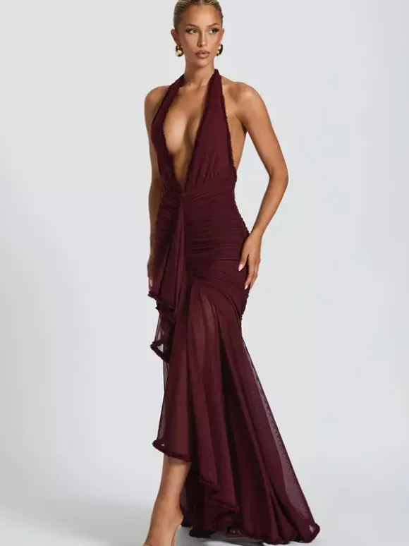 Deep V-Neck Halter Ruched Bodycon Maxi Party Dress For Women 2026