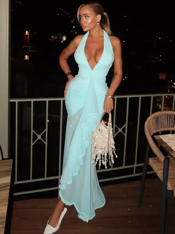 Deep V-Neck Halter Ruched Bodycon Maxi Party Dress For Women 2026